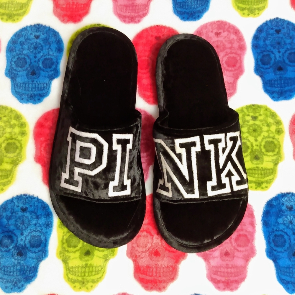 VS PINK Black Velvet Slipper Slides